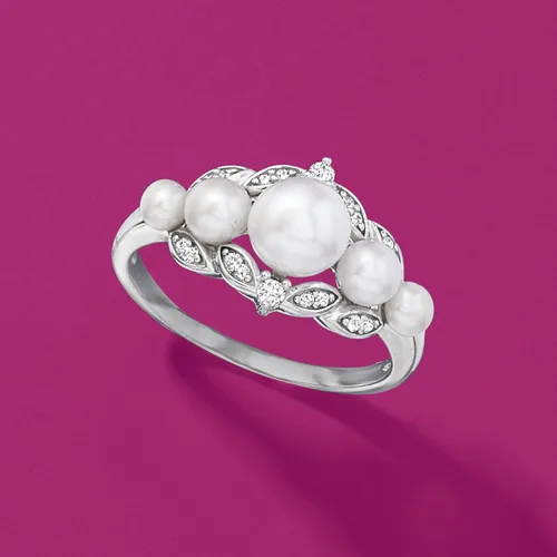 Miniatura 4 de Ross-Simons Anillo de perlas cultivadas de 0.118-0.256in con diamantes de 0.10 quilates en plata de ley