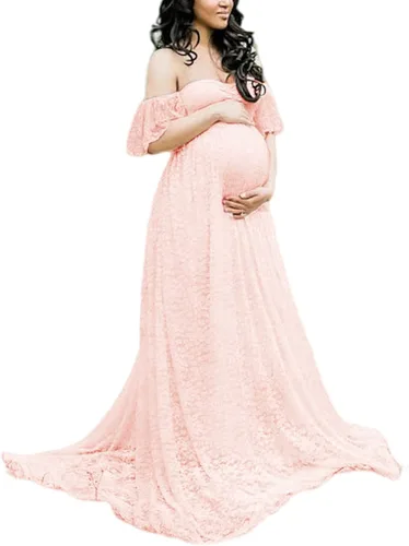 ZIUMUDY Fotografía Vestido de maternidad fuera del hombro Encaje Baby Shower Vestido de novia embarazada
