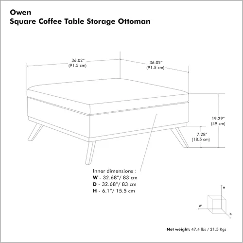 Miniatura 3 de Simpli Home Owen - Mesa auxiliar cuadrada de 91 cm (36 pulgadas) de ancho, otomana de almacenamiento con tapa superior, reposapiés tapizado en cuero