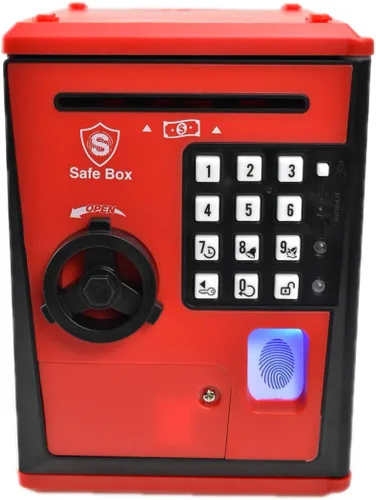 Miniatura 5 de LIKE Caja de Seguridad Hucha Juguetes para Niños con Huella Dactilar, Banco de Ahorros con Cajero Automático, Máquina de Monedas para Niños (Rojo)