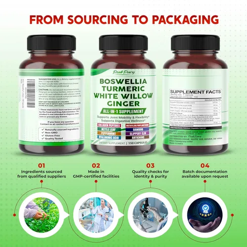 Miniatura 8 de Suplemento todo en 1 Boswellia, cúrcuma, sauce blanco y jengibre, apoya la comodidad de las articulaciones, la flexibilidad y el bienestar digestivo