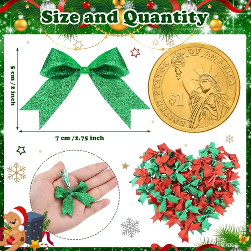 Miniatura 2 de Xinnun 100 lazos de cinta de Navidad de 2 pulgadas con purpurina, mini lazos de poliéster brillantes para Navidad, manualidades, apliques de verde