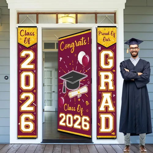 Miniatura 5 de Letrero de graduación granate y dorado para porche, decoración de graduación de Calss of 2026, 3 unidades, pancarta de graduación Cartel