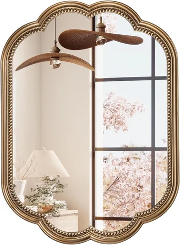 Espejo de pared festoneado, espejo ovalado dorado de 22 x 30 pulgadas, marco decorativo de cuentas doradas, espejos dorados antiguos de flores