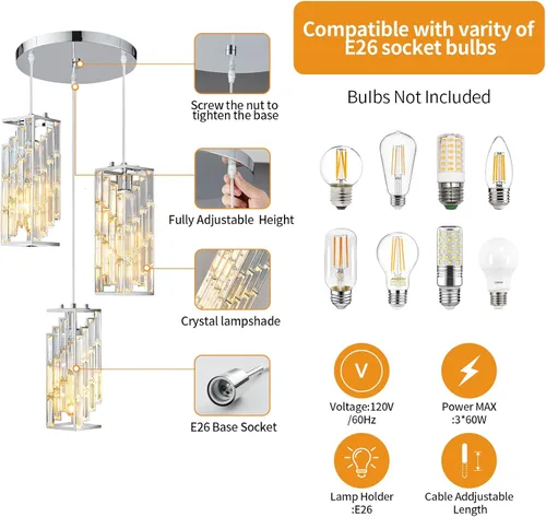 Miniatura 3 de Iluminación Colgante de Cromo, Luz Colgante Moderna, Mini Candelabros de Cristal, Accesorio de Luz Colgante Ajustable para Isla de Cocina, Comedor