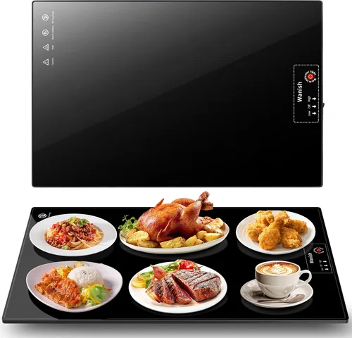 Bandeja de calentamiento eléctrica, L, 22 x 14 pulgadas, alfombrilla de calentamiento de vidrio templado para alimentos, color negro | Keep Food