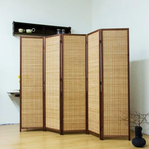 Miniatura 8 de Divisor de habitación de bambú de 3 paneles, pantalla de privacidad plegable beige de 5.6 pies de alto, pared de división independiente de doble