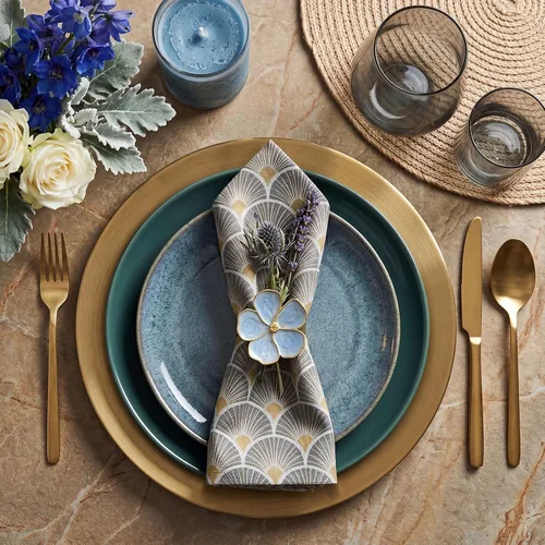 Miniatura 3 de Patelai Juego de 6 servilleteros de flores azules a granel, juego de servilleteros de tela dorada con hebillas florales, decoración de mesa