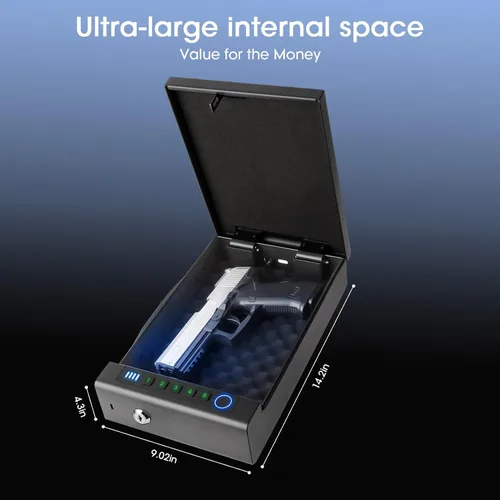 Miniatura 2 de Caja fuerte biométrica para pistola de huellas dactilares, 3 métodos de acceso rápido, con huella dactilar/PIN digital/llave, adecuado para armarios
