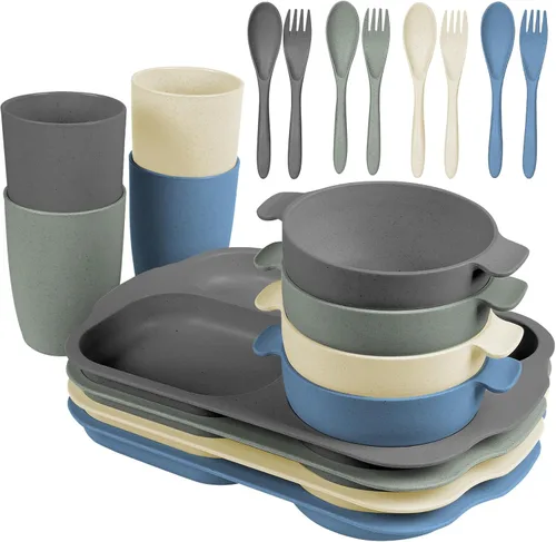 shopwithgreen Juego de cubiertos de paja de trigo, 20 piezas de platos y cuencos divididos para niños pequeños, vajilla irrompible para microondas,