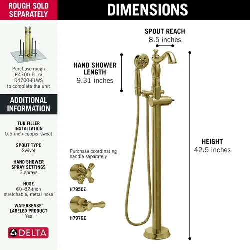 Miniatura 3 de Delta Grifo de bañera independiente con ducha de mano, relleno de bañera dorado cepillado, bronce champán T4797-CZFL-LHP