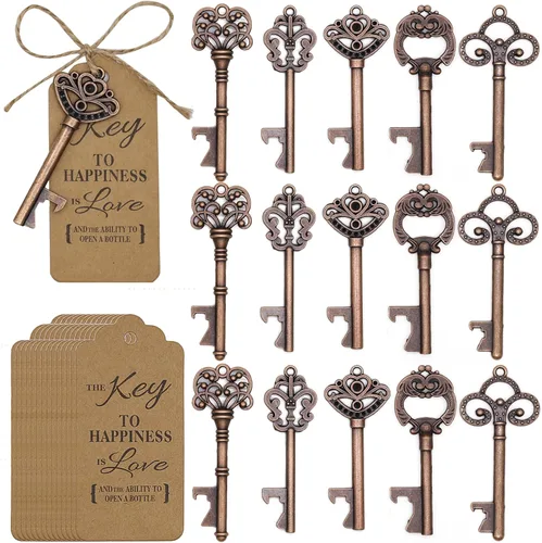 Gutapo - 50 llaves de esqueleto de cobre rojo vintage, abrebotellas, regalos de boda, regalos de regreso para invitados con etiqueta de acompañante
