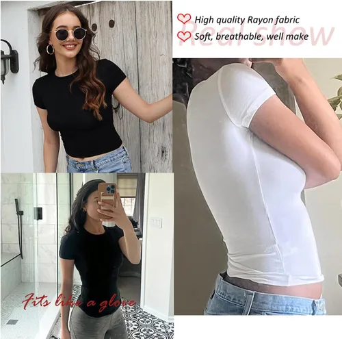 Miniatura 3 de Dwnval Camisetas básicas sexys para mujer, blusas de verano de manga corta con cuello redondo y ajuste entallado