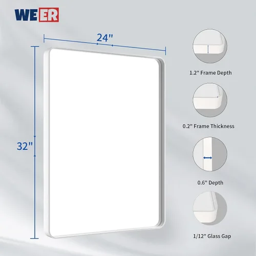 Miniatura 6 de WEER - Espejo de baño blanco de 24x32 pulgadas, espejo de marco de metal blanco redondeado, espejo de tocador de baño de vidrio templado mate