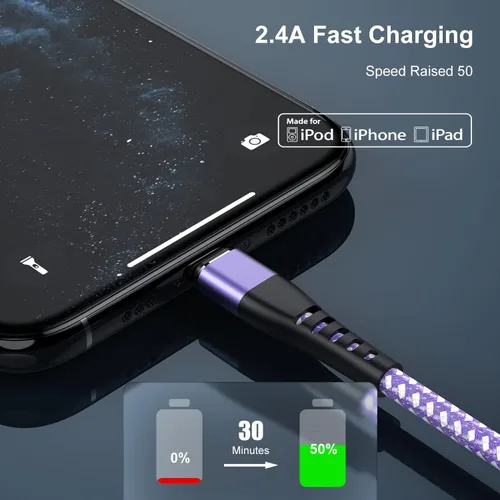 Miniatura 5 de Essri 3 cables de carga cortos de 1 pie para iPhone, con certificación MFi, cables Lightning fuertes de nailon trenzado, carga rápida USB para Azul