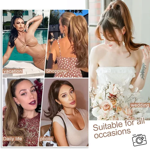 Miniatura 5 de KooKaStyle Extensiones de cola de caballo, 16 pulgadas, color marrón oscuro, largo, ondulado, con clip, extensiones de cabello sintético en capas