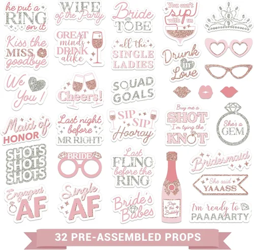 Miniatura 6 de Accesorios para cabina de fotos de despedida de soltera totalmente montados, juego de 32 letreros de oro rosa, rosa y plata, suministros