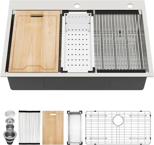 Miniatura 13 de Kichae Fregadero de Cocina de 21x20 Pulgadas, Fregadero de Barra Pequeño, Fregadero de Acero Inoxidable, Montaje Superior, Montaje Inferior