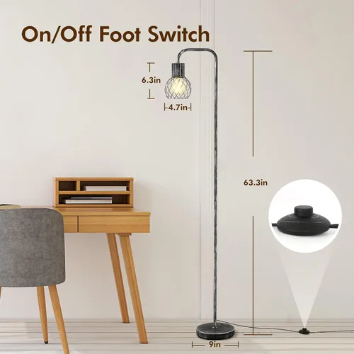 Miniatura 5 de Lámpara de pie industrial, lámpara de pie plateada antigua moderna con bombilla LED de 6 W, interruptor de pie, lámparas altas de metal para sala