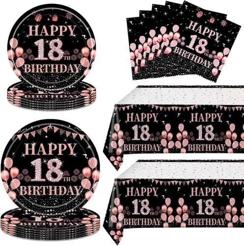 62 decoraciones de cumpleaños número 18 para niñas y ella, suministros de fiesta de cumpleaños de oro rosa incluyen 20 platos de 7 pulgadas, 20