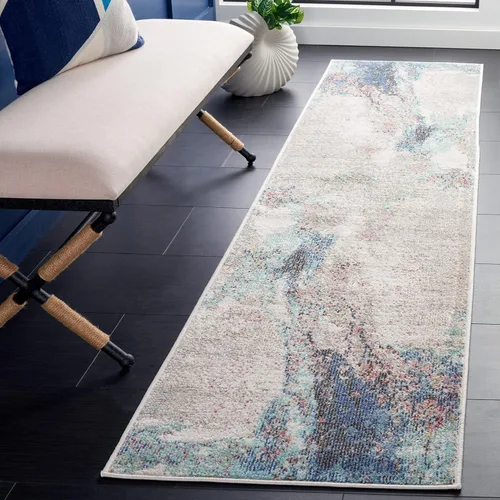 SAFAVIEH Phoenix Collection - Alfombra de pasillo, 2 pies 2 pulgadas x 9 pies, azul, diseño abstracto moderno, no desprende pelusa y de fácil