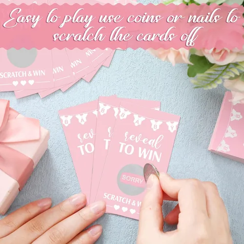 Miniatura 4 de Jexine Juego de 60 tarjetas para raspar para baby shower, color rosa, divertidas tarjetas para rascar, para fiestas de baby shower