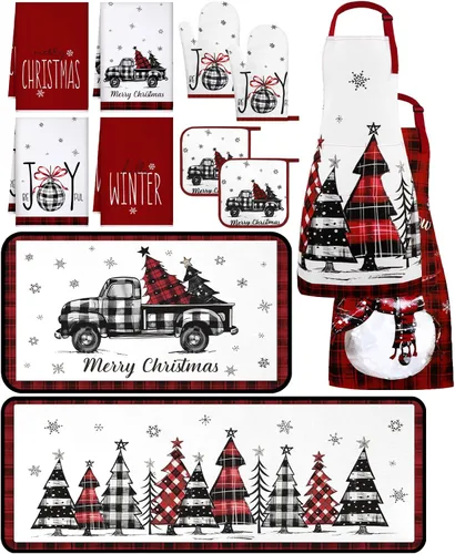 Fourluoo Juego de 12 piezas de decoración de cocina de granja navideña, 4 toallas de cocina, 2 delantales de Navidad, 2 guantes de horno, 2 soportes