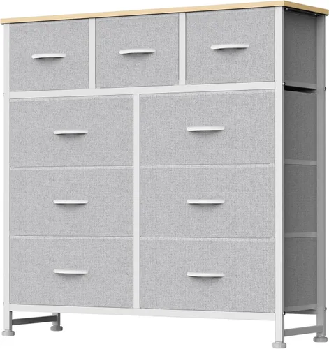 Miniatura 21 de DUMOS Cómoda para dormitorio, organizador de almacenamiento con 9 cajones, cómoda con cubos de tela, marco de metal resistente, mesa de madera