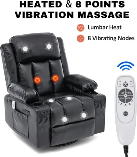 Miniatura 4 de Rocker - Silla reclinable con calor y masaje, silla reclinable giratoria de 360° para adultos, asiento reclinable de piel sintética con 2 portavasos