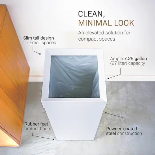Miniatura 3 de YAMAZAKI Home - Cubo de basura delgado y alto, moderno, cuadrado, de acero con asa, papelera de metal blanco para cocina, baño u oficina, 7.25