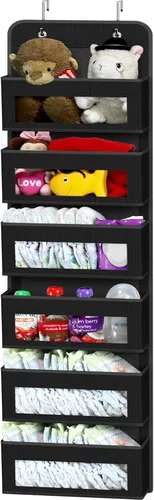 Simple Houseware - Organizador con 6 bolsillos con ventana transparente para colgar sobre la puerta del armario, para recámara, baño, despensa, Negro