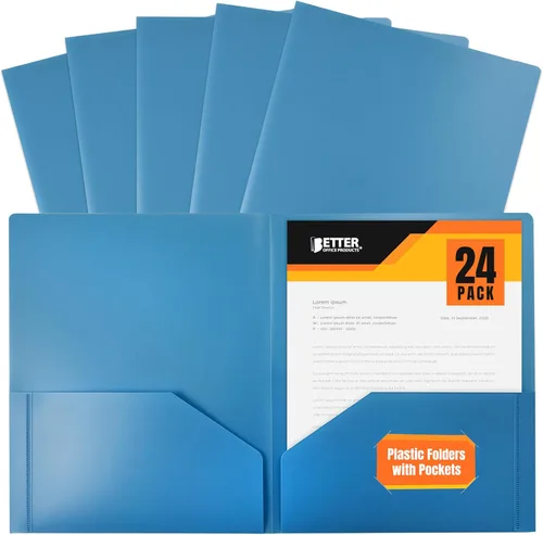 Better Office Products Carpetas de plástico azul claro pesado con 2 bolsillos, paquete de 24, carpetas de polietileno tamaño carta, paquete de 24,
