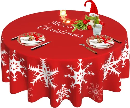 Miniatura 16 de Mantel redondo de Navidad con diseño de copos de nieve de Navidad para cocina, comedor, decoración de mesa de poliéster lavable para mesa de bufé