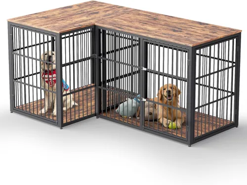 Miniatura 19 de Lyromix 94.48'' Mueble de jaula para perros de raza grande con soporte para TV de dos habitaciones, mesa auxiliar de jaula para perros de madera