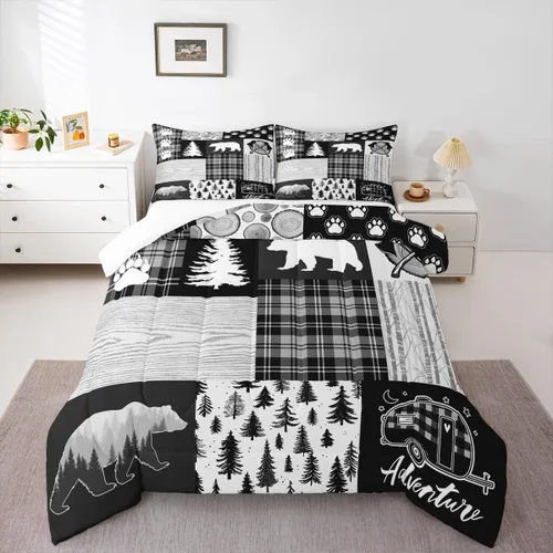 Miniatura 145 de Juego de edredón de cuernos de ciervo tamaño individual, juego de ropa de cama rústica de granja con huellas de oso y pinos para decoración