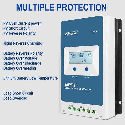 Miniatura 4 de EPEVER Controlador de carga MPPT 10a con pantalla LCD, entrada máxima de 100V, interruptor automático de 12V/24V