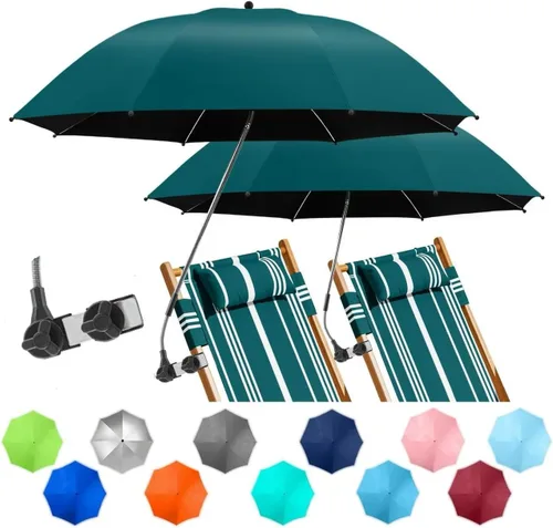Miniatura 22 de Paquete de 2 paraguas de playa con abrazadera, paraguas ajustable de 360° para silla, paraguas UPF50+ para silla de playa, silla de patio, silla