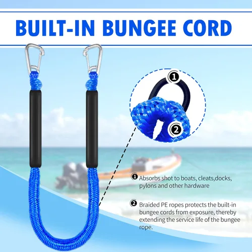 Miniatura 7 de Líneas de muelle elástico para barcos, cuerda flotante sin fregadero con ganchos dobles, amarre de lancha resistente para muelle para pontón jet ski