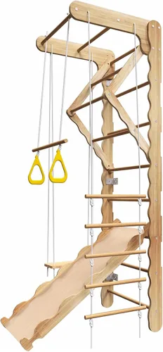 Gimnasio de la selva de madera 5 en 1 para interiores para niños, escalera sueca montada en la pared con barra de agarre, anillos, columpio y