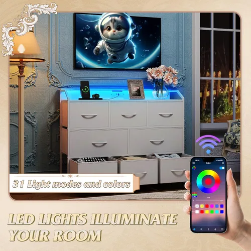 Miniatura 6 de WLIVE Cómoda LED para dormitorio, Cómoda Blanca Soporte de TV para Dormitorio con Luces LED y Toma de Corriente, Cómoda Ancha de Cajones para Blanco