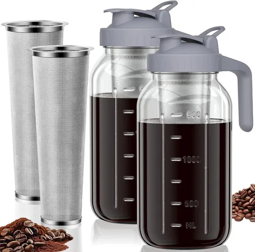 Miniatura 17 de JunVpic Tarro para cafetera fría – Tapa multiusos de vidrio grueso de 64 onzas con asa y filtro de acero inoxidable para café helado, limonada, té