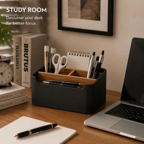 Miniatura 5 de Organizador de escritorio elegante y soporte para mando a distancia en negro - Mantén tu espacio de trabajo ordenado y organizado, almacenamiento
