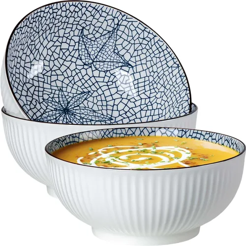 Miniatura 10 de QINLANG Juego de 3 cuencos grandes de sopa Pho & Ramen, 60 onzas, cuencos grandes de porcelana azul y blanca, patrón a rayas