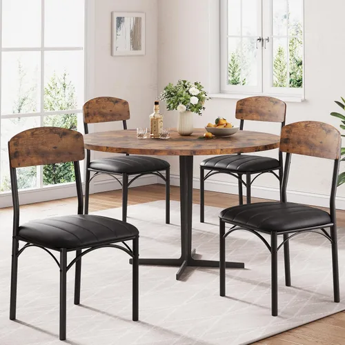 Miniatura 10 de Jocoevol Juego de 4 sillas de comedor tapizadas con piel sintética, sillas de cocina industriales con respaldo de madera y patas de metal gruesas