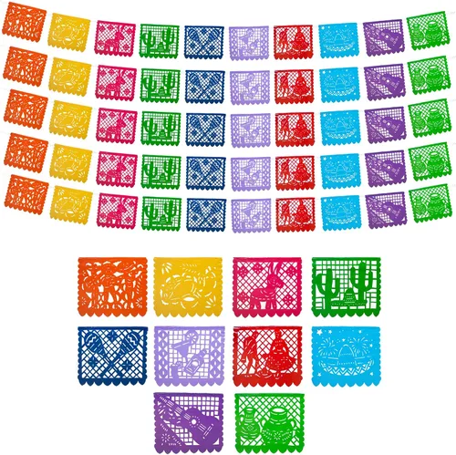 Pancartas de fiesta mexicana (paquete de 5 con 10 banderas de plástico por bandera), papel picado mexicano para fiesta, papel picado de plástico,