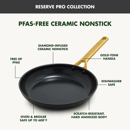 Miniatura 5 de GreenPan Sartén antiadherente Reserve Pro de 8 pulgadas, cerámica certificada NSF, sartén anodizada dura sin PFAS, asas de acero inoxidable, apta