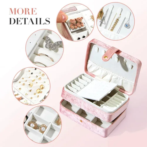 Miniatura 4 de BUTI4WLD Joyero pequeño de terciopelo para mujeres y niñas, estuche portátil de viaje de doble capa para anillos, colgantes, aretes, collares