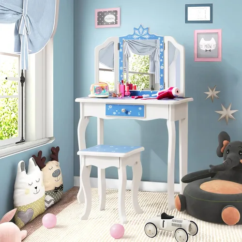 Miniatura 9 de GLACER Vanity - Tocador de maquillaje 2 en 1 con parte superior desmontable, espejo de tres pliegues, cajón, taburete, juego de mesa y silla