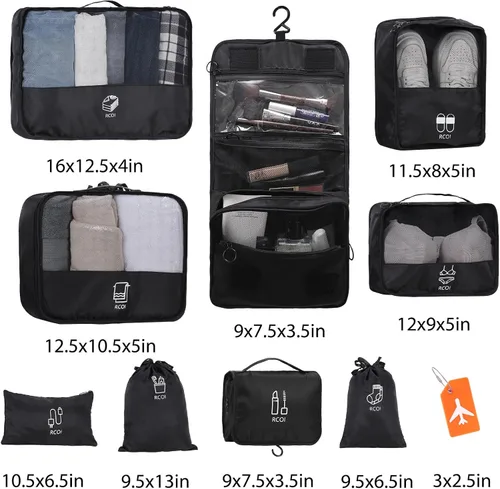Miniatura 4 de Cubos de equipaje para maletas de viaje 9 cubos de viaje negros para embalaje, juego de organizadores de equipaje de viaje ligeros