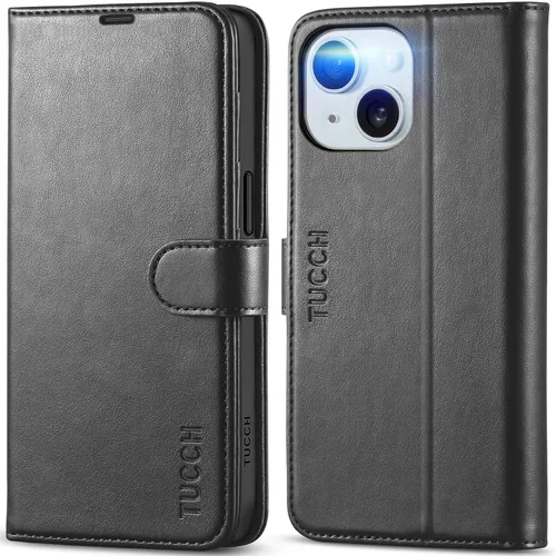 TUCCH Funda tipo cartera para iPhone 15 de 6.1 pulgadas, piel sintética con soporte [bloqueo RFID] 4 tarjeteros soporte magnético, funda protectora